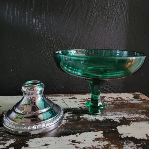 Vintage Farber Krome Kraft Green Glass Compote / Candle Holder Screw on Base - Picture 3 of 11